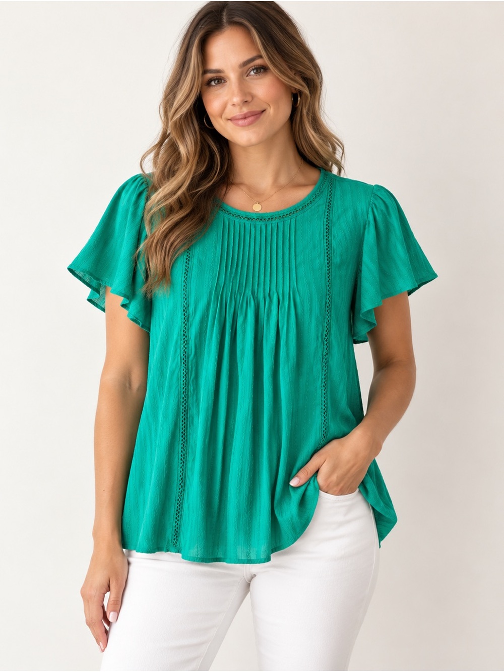 Knox Rose Emerald Green Pleated Flutter Sleeve Blouse XXL